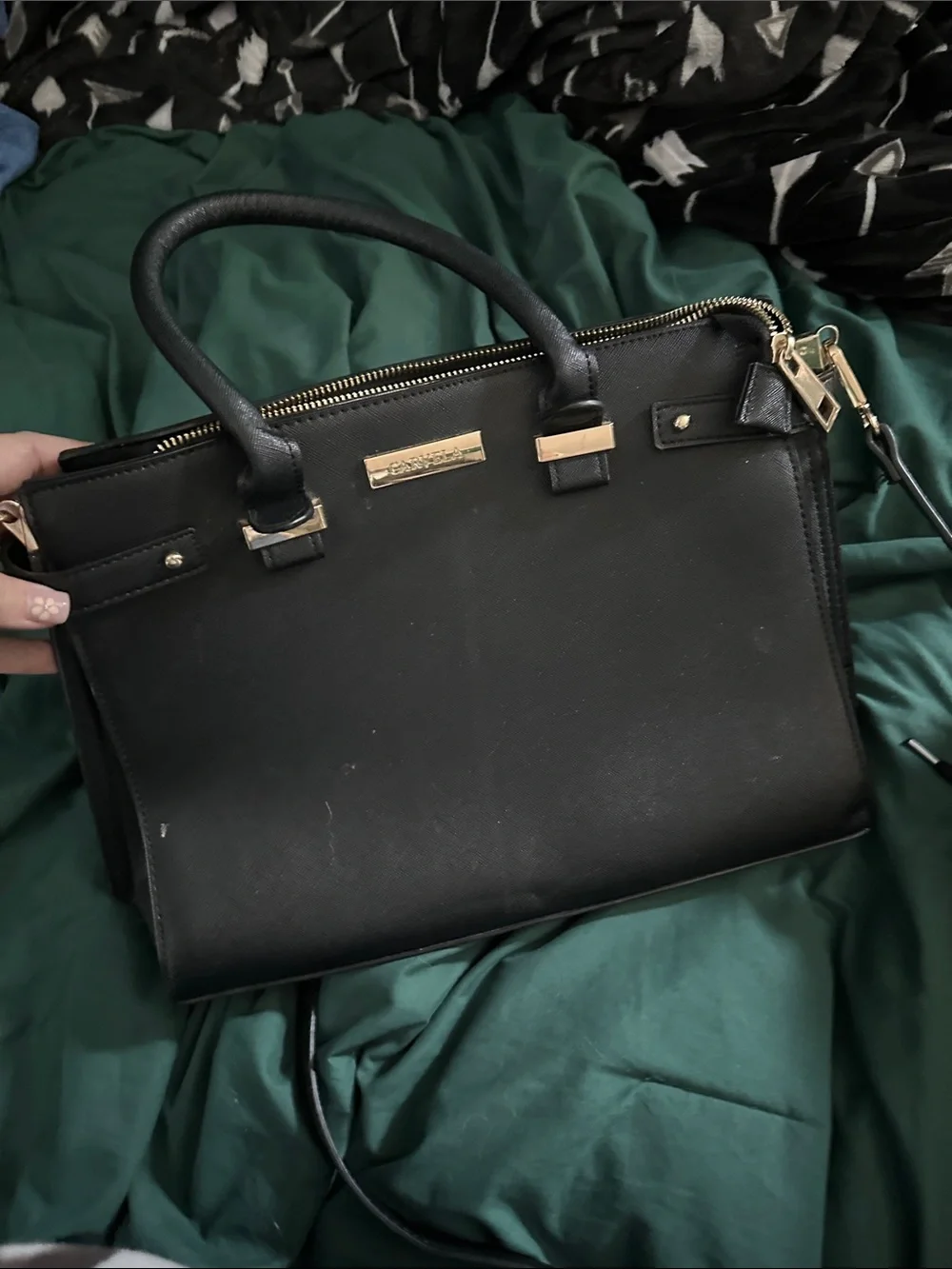Classic Black Leather Satchel Handbag with Gold Hardware